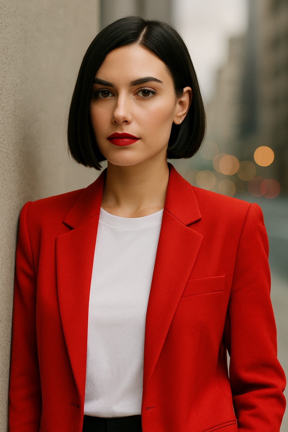 Candy Red Blazer Over Crisp White Tee