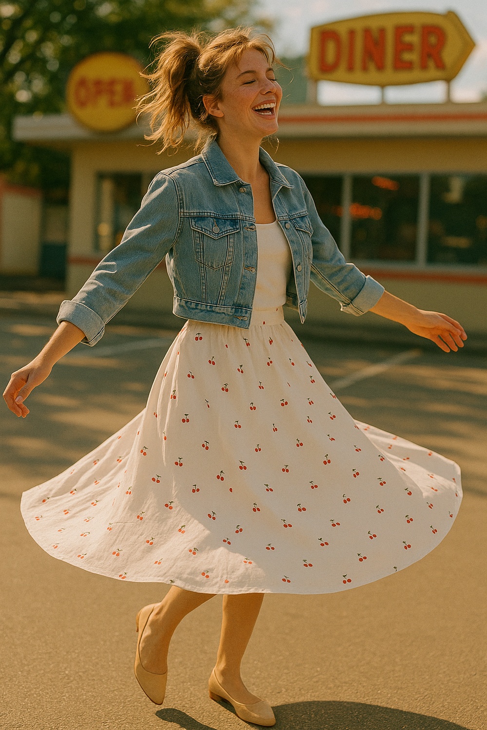 Cherry Print Midi Skirt Meets Denim Jacket