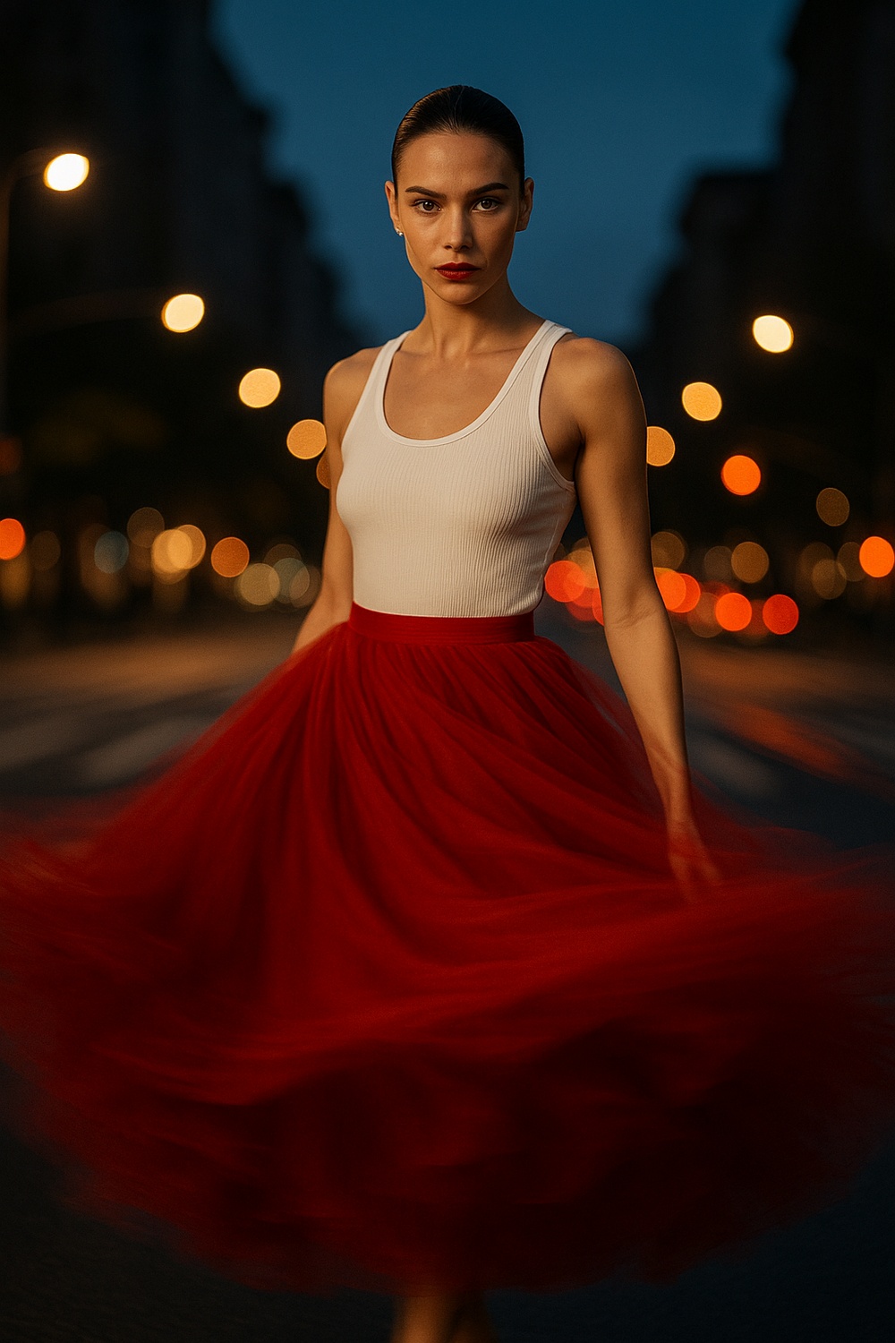 Crimson Tulle Skirt Paired With Simple Tank