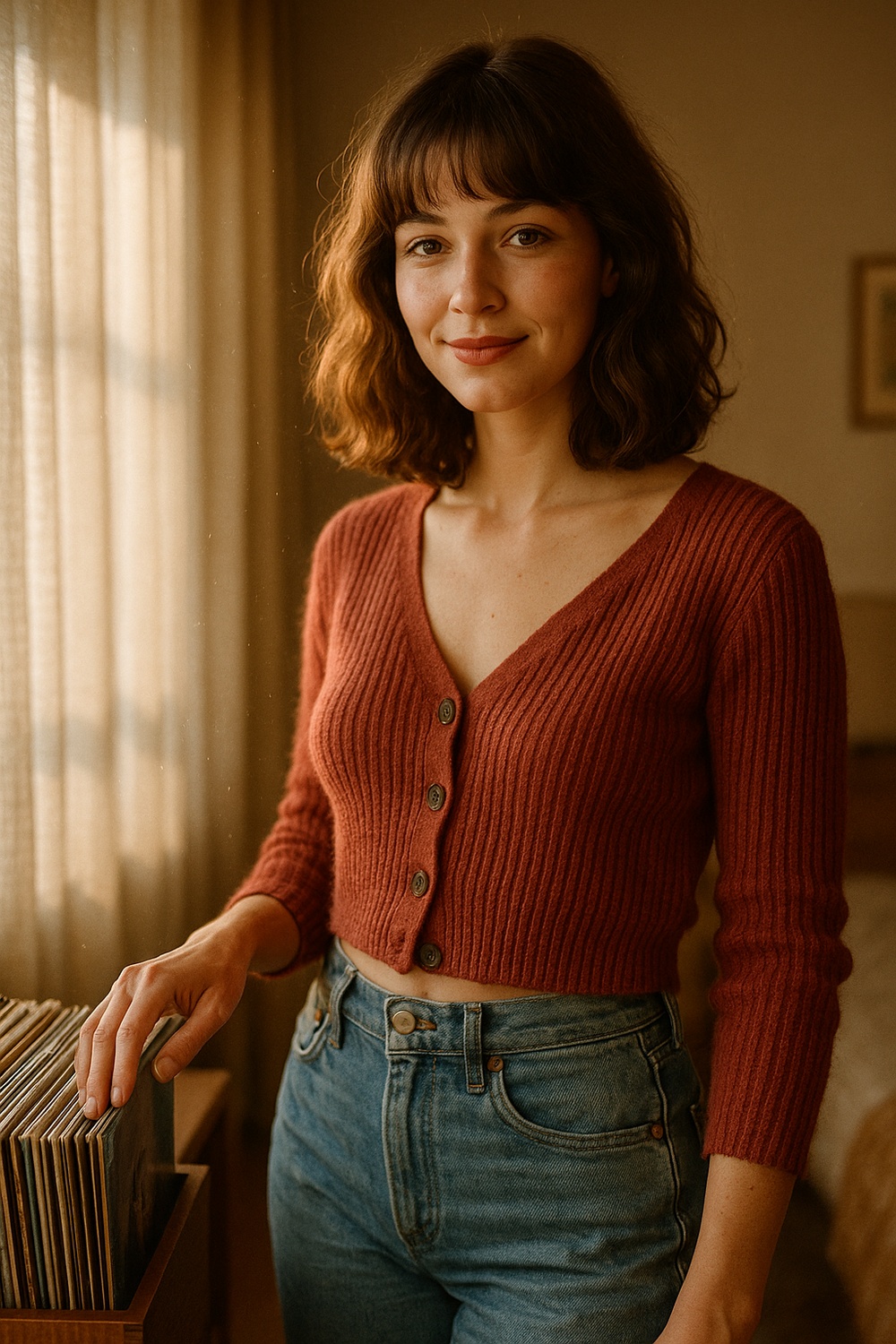 Cropped Carmine Cardigan on Vintage Jeans