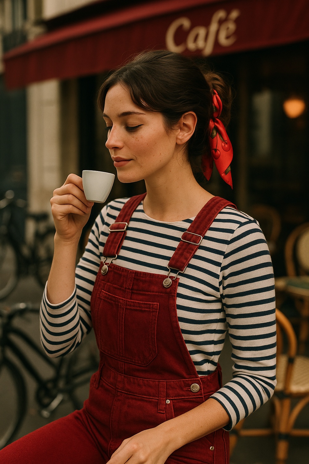 Deep Red Overalls and Striped Breton Top