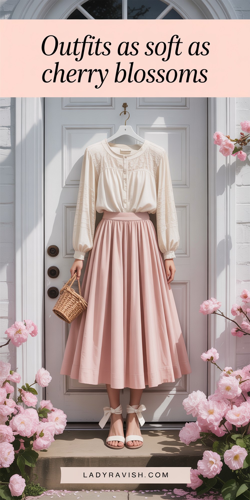 Design a vertical Pinterest image for a soft spring fashion collection