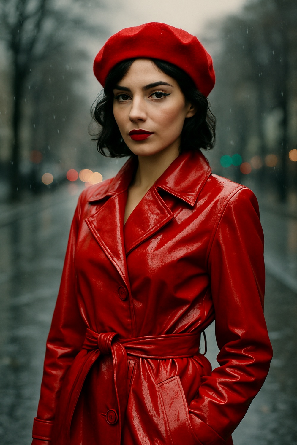 Glossy Red Trench & Matching Beret