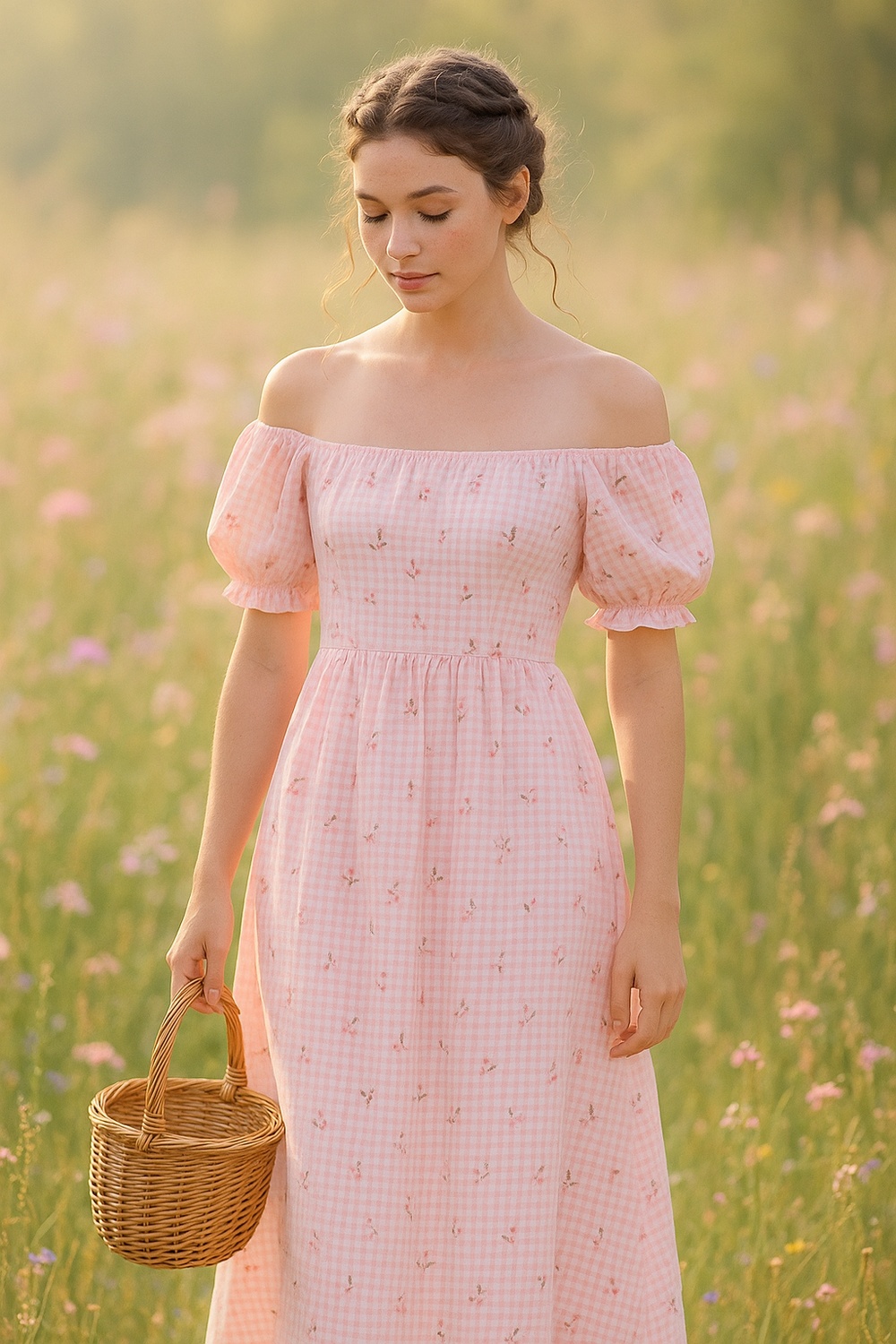 Off Shoulder Cherry Blossom Gingham Dress