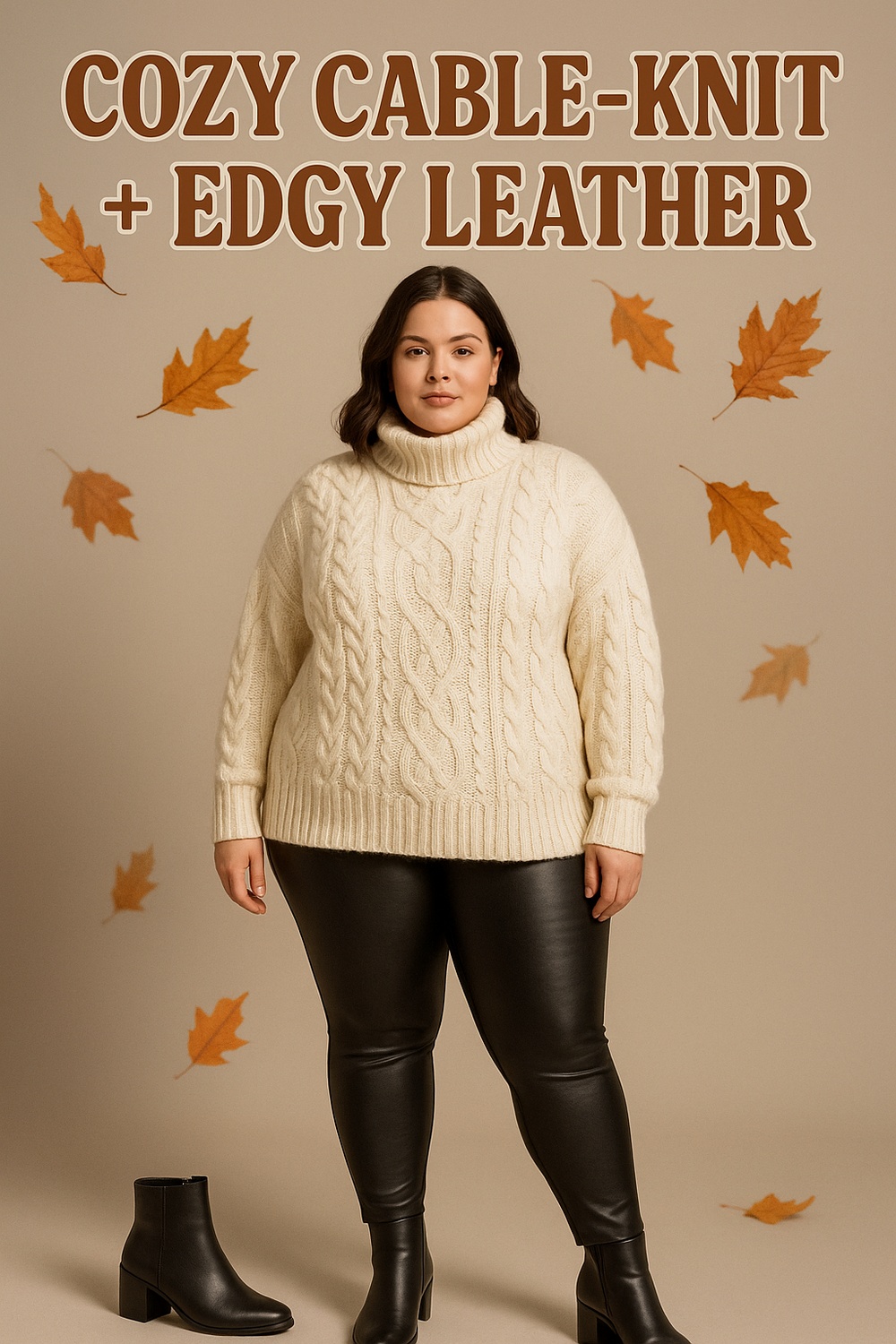 Oversized Cable Knit Turtleneck with Faux Leather Leggings