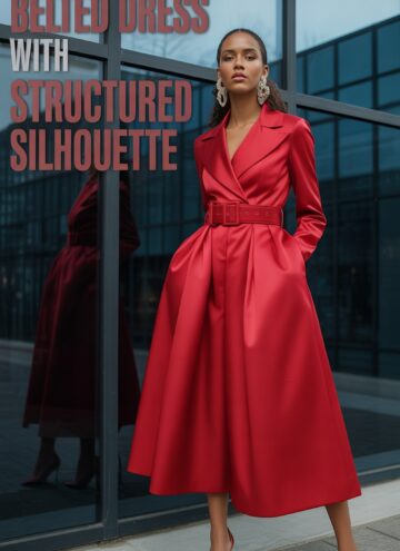 Red Wide Belted Dress With Structured Silhouette