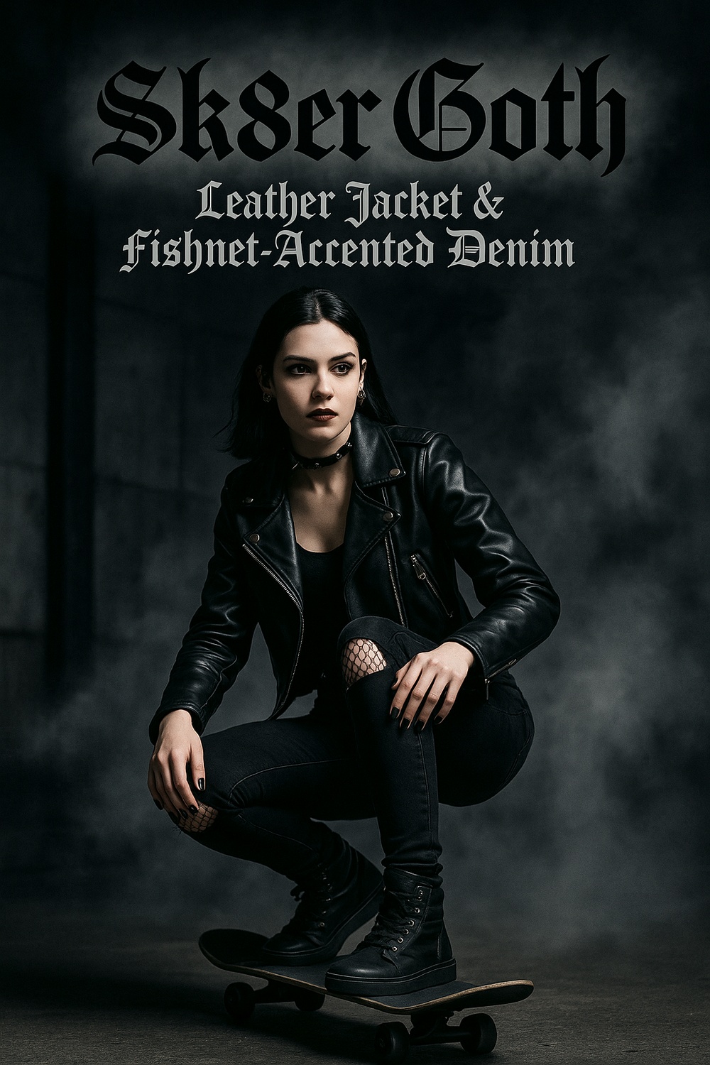 Sker Goth Leather Jacket & Fishnet Accented Denim