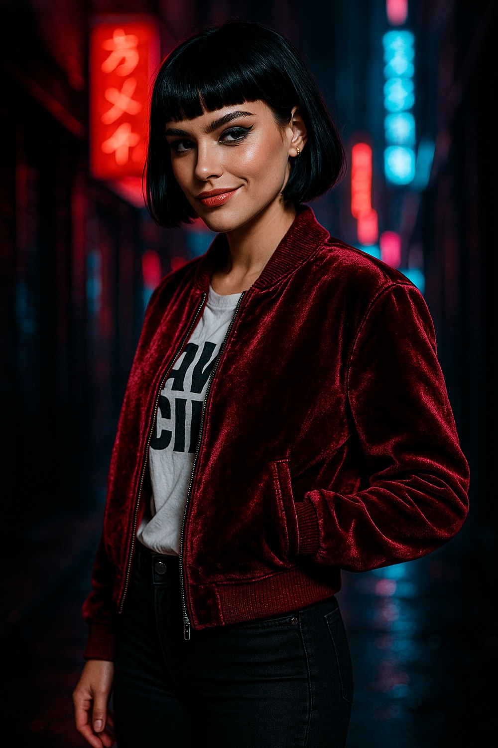 Velvet Cherry Bomber With Black Skinnies