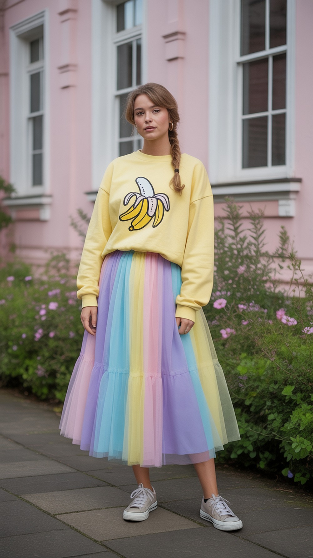 Banana Crewneck and Tulle Midi Skirt