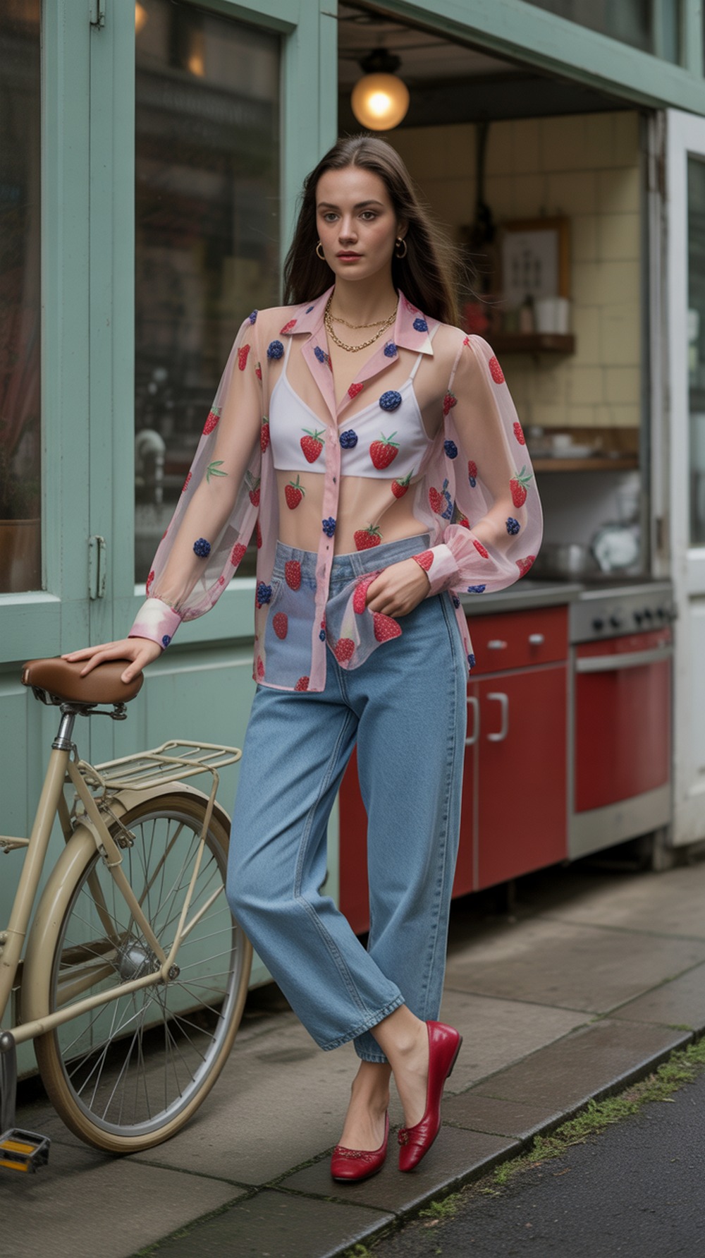 Berry Print Sheer Blouse with Denim