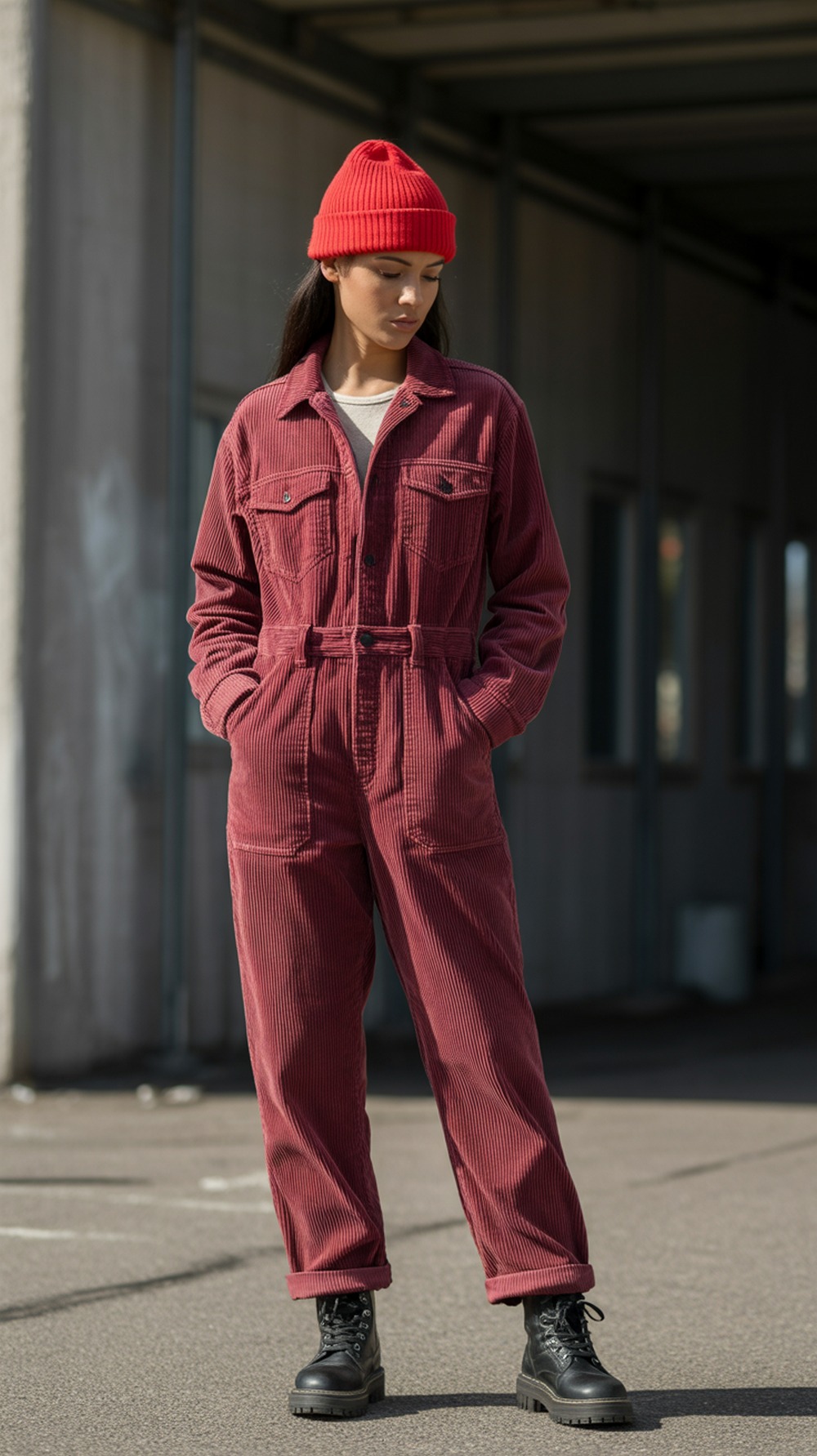 Cherry Corduroy Jumpsuit and Beanie