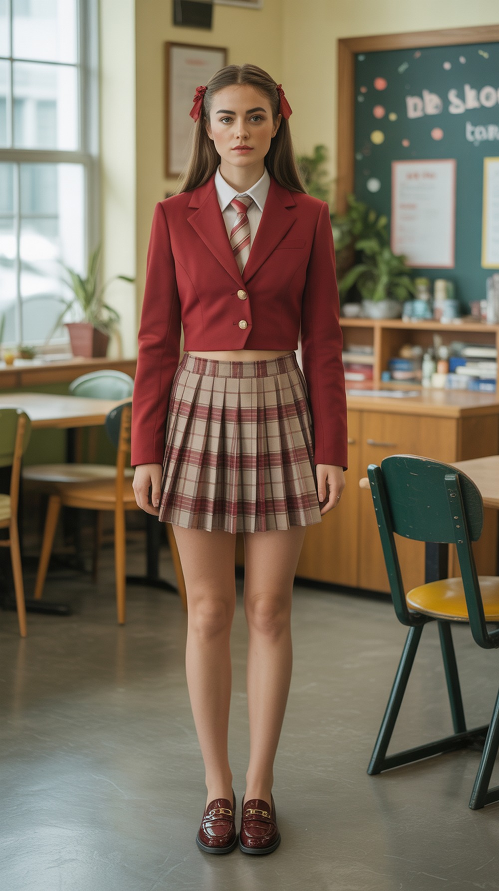 Cherry Cropped Blazer with Plaid Skirt