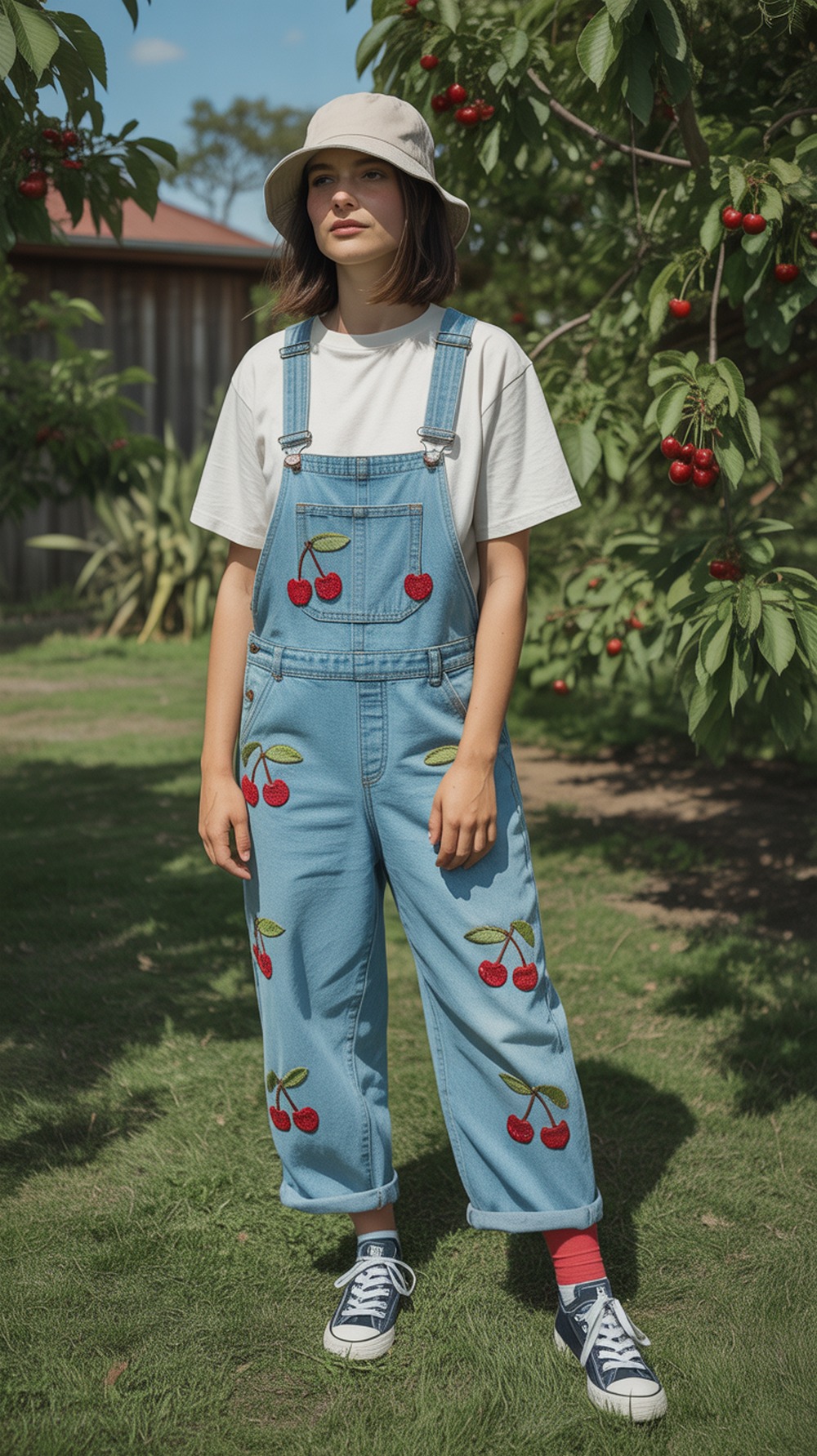 Cherry Embroidery Overalls with Tee