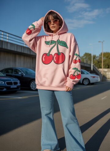 Cherry Graphic Hoodie with Flare Jeans