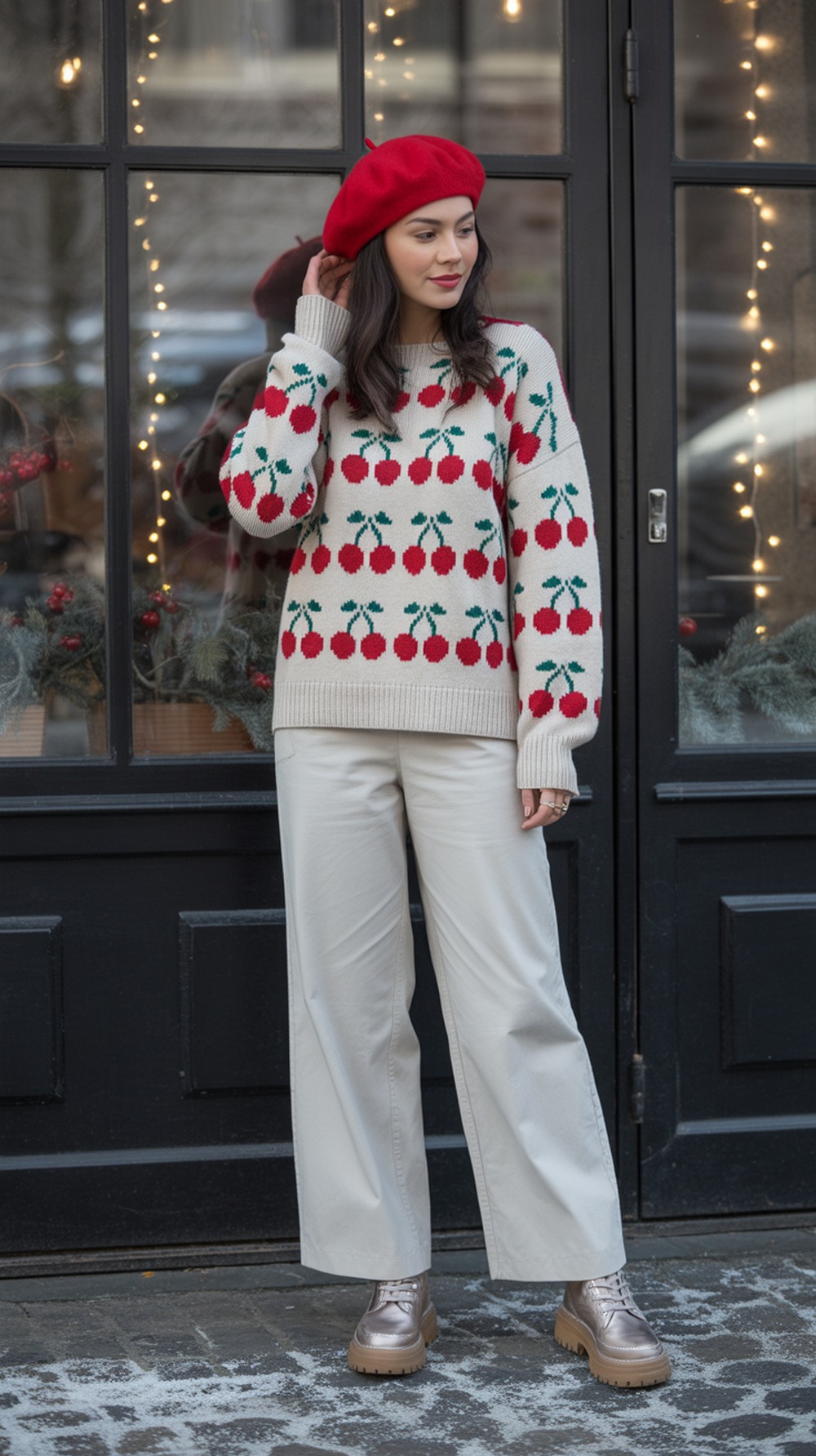 Cherry Patterned Sweater and White Trousers