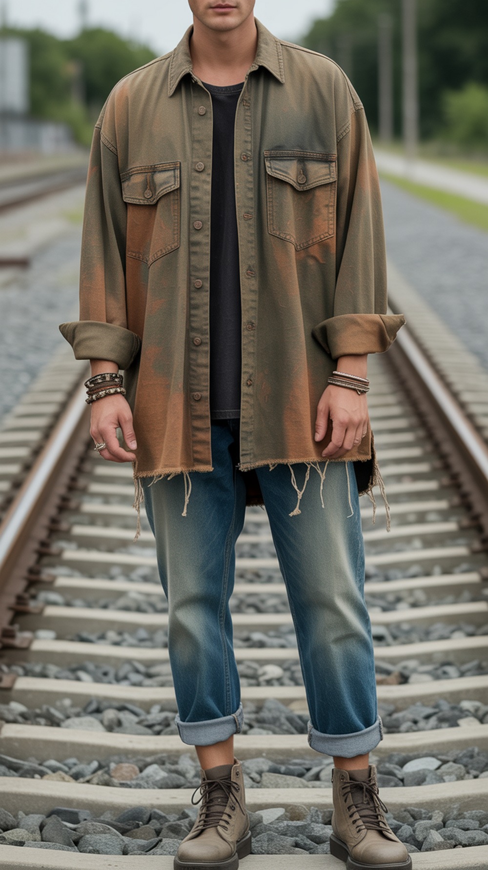 Distressed Overshirt with Cuffed Denim Skate Outfit