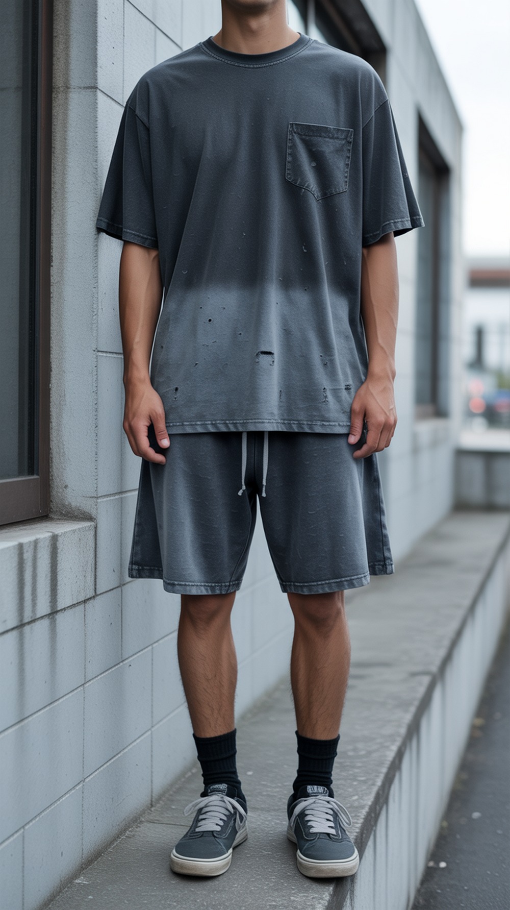 Distressed Tee and Elastic Waist Shorts Skate Outfit