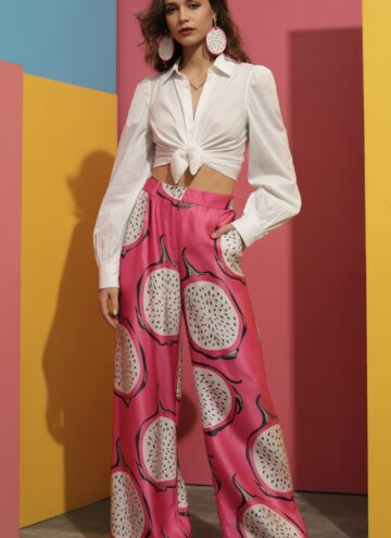 Dragonfruit Pattern Pants with Crop Blouse