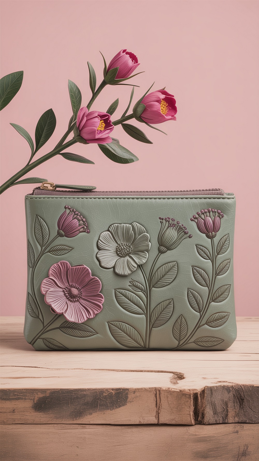 Floral Embossed Vegan Leather Pouch