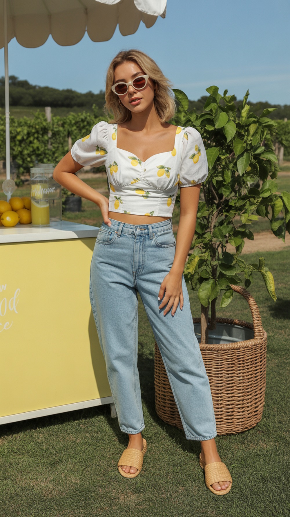 Lemon Print Cropped Blouse and Jeans
