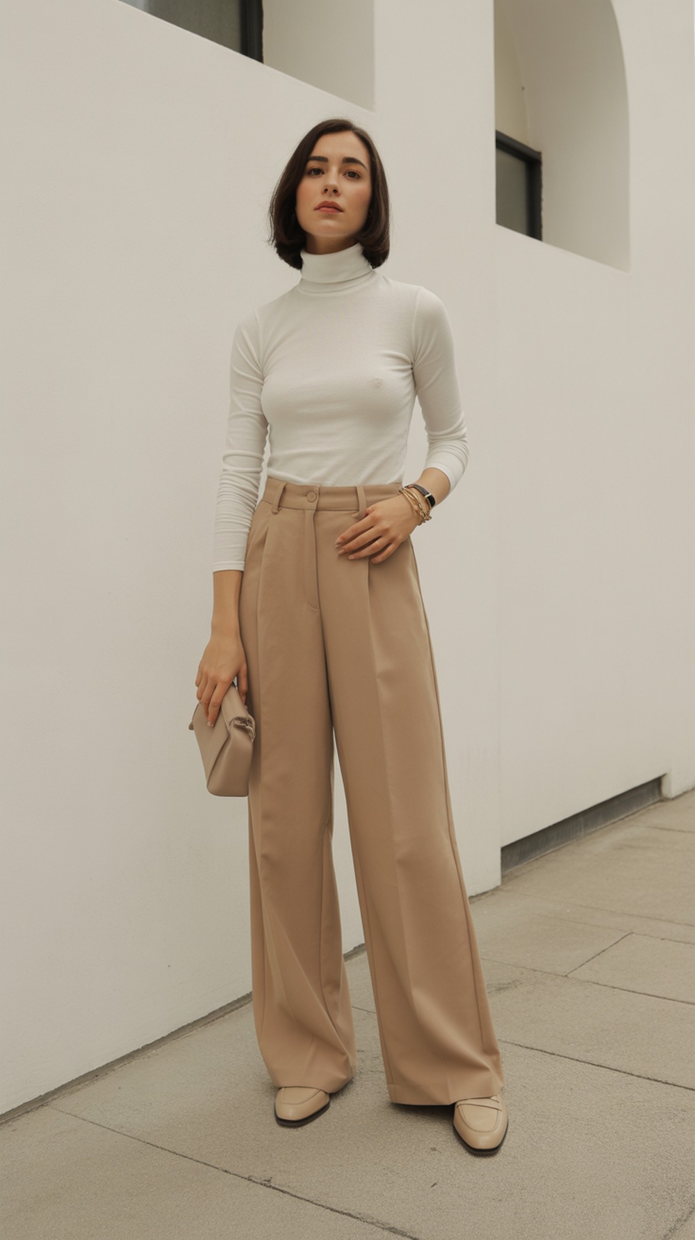 Minimal Aura Fit with Tan Wide Pants
