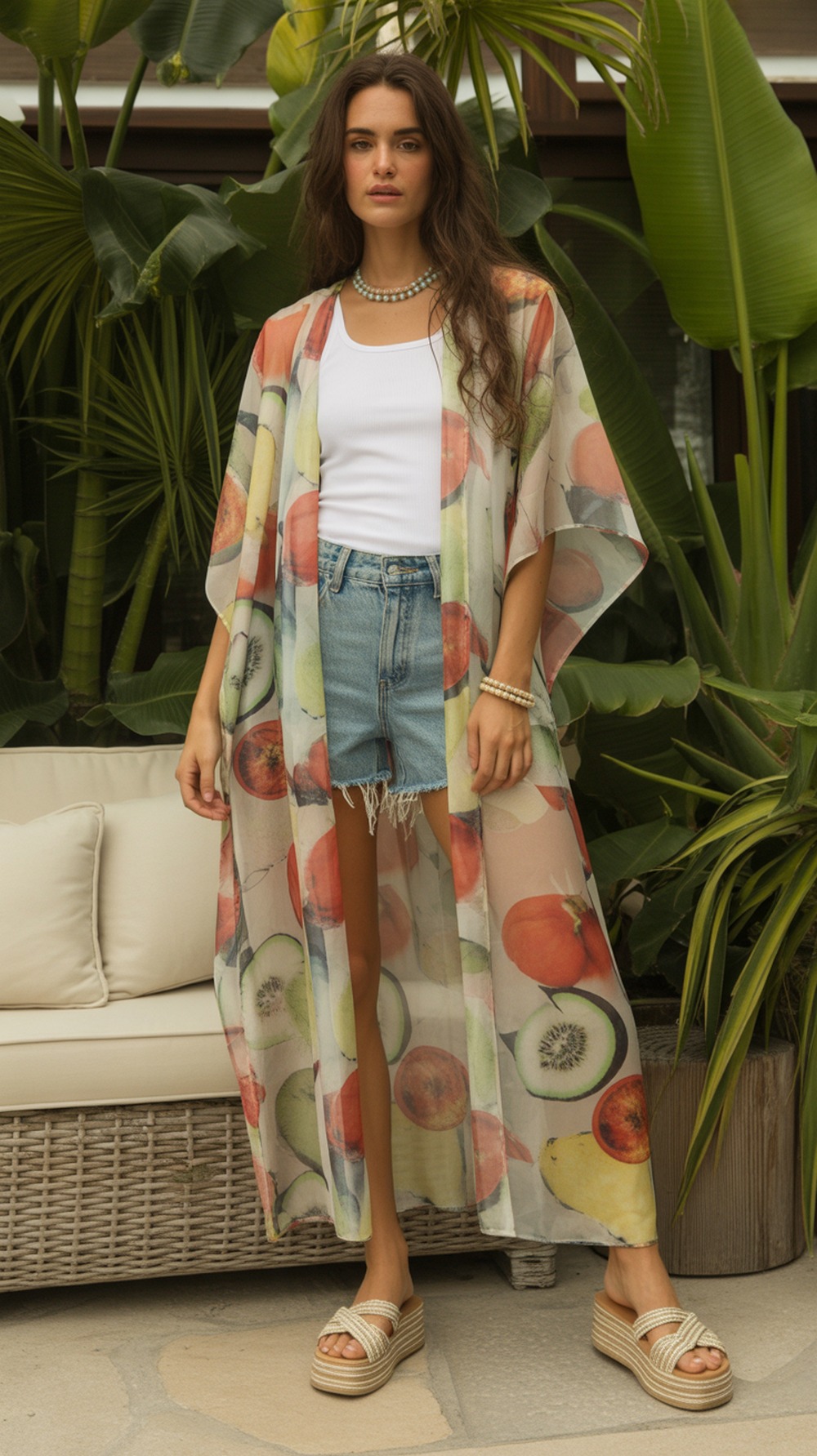 Mixed Fruit Print Maxi Kimono