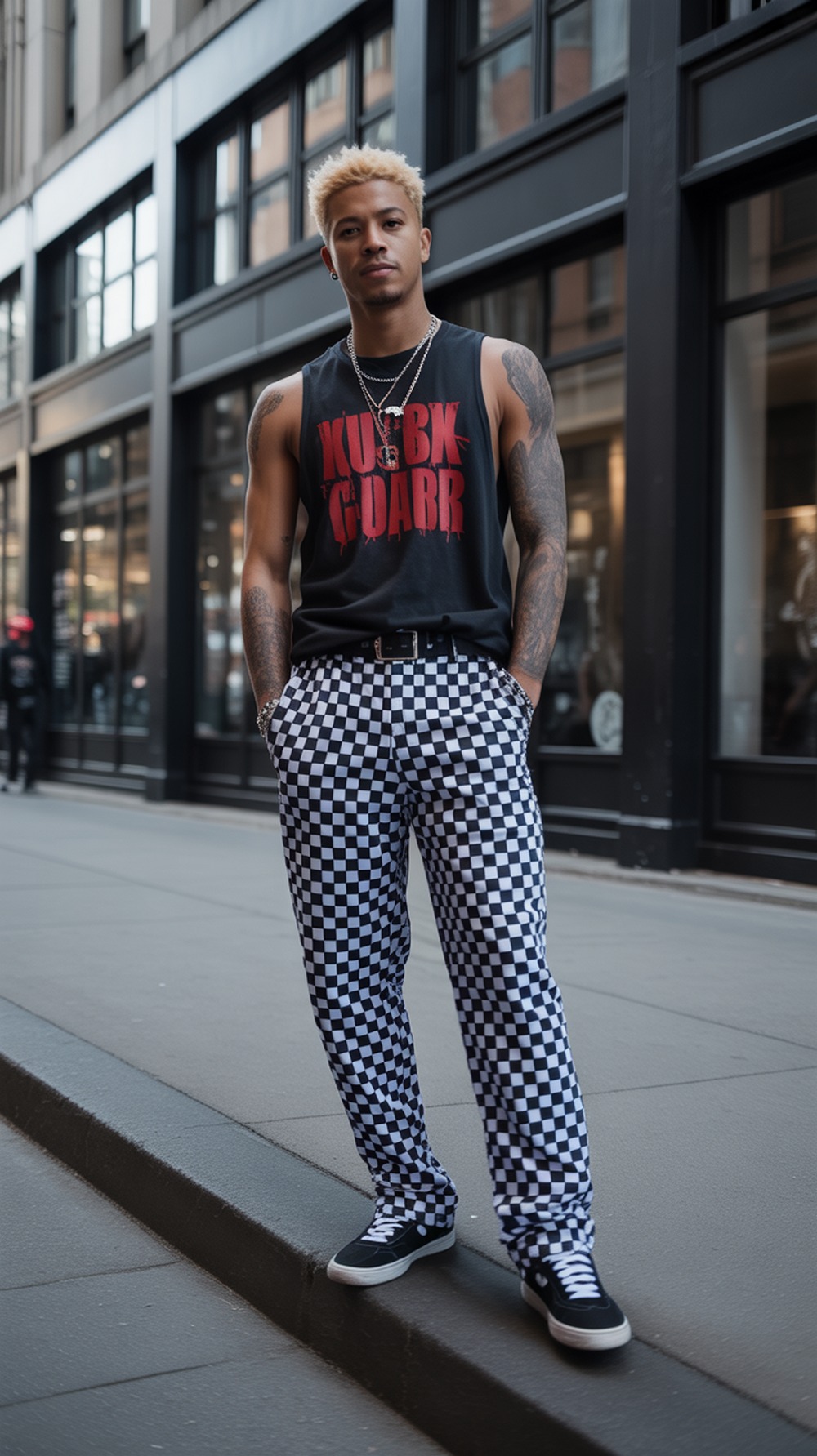 Muscle Tank with Checkerboard Pants Skate Outfit