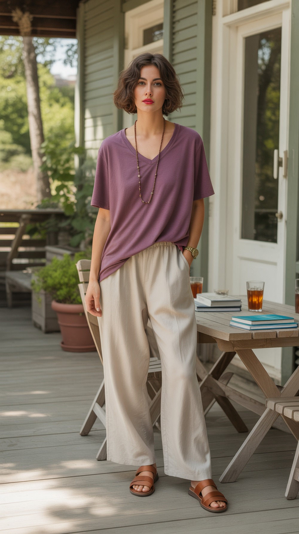 Plum V Neck Tee with Linen Pants