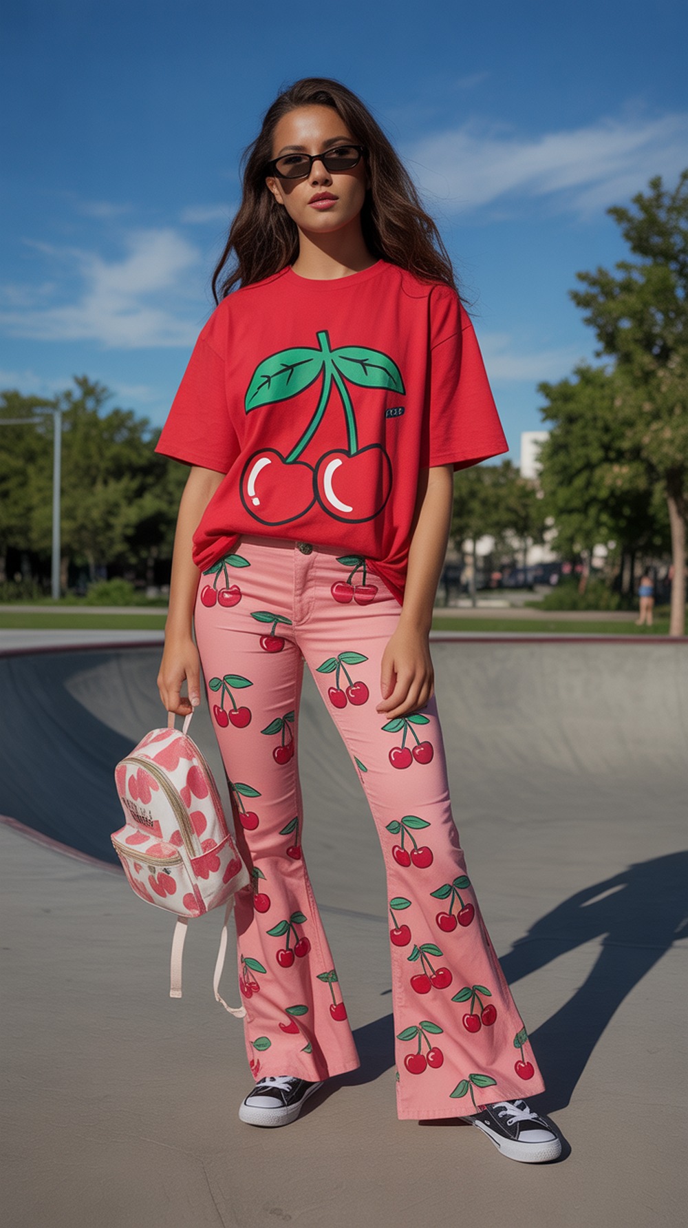Red Graphic Tee with Cherry Print Flare Pants
