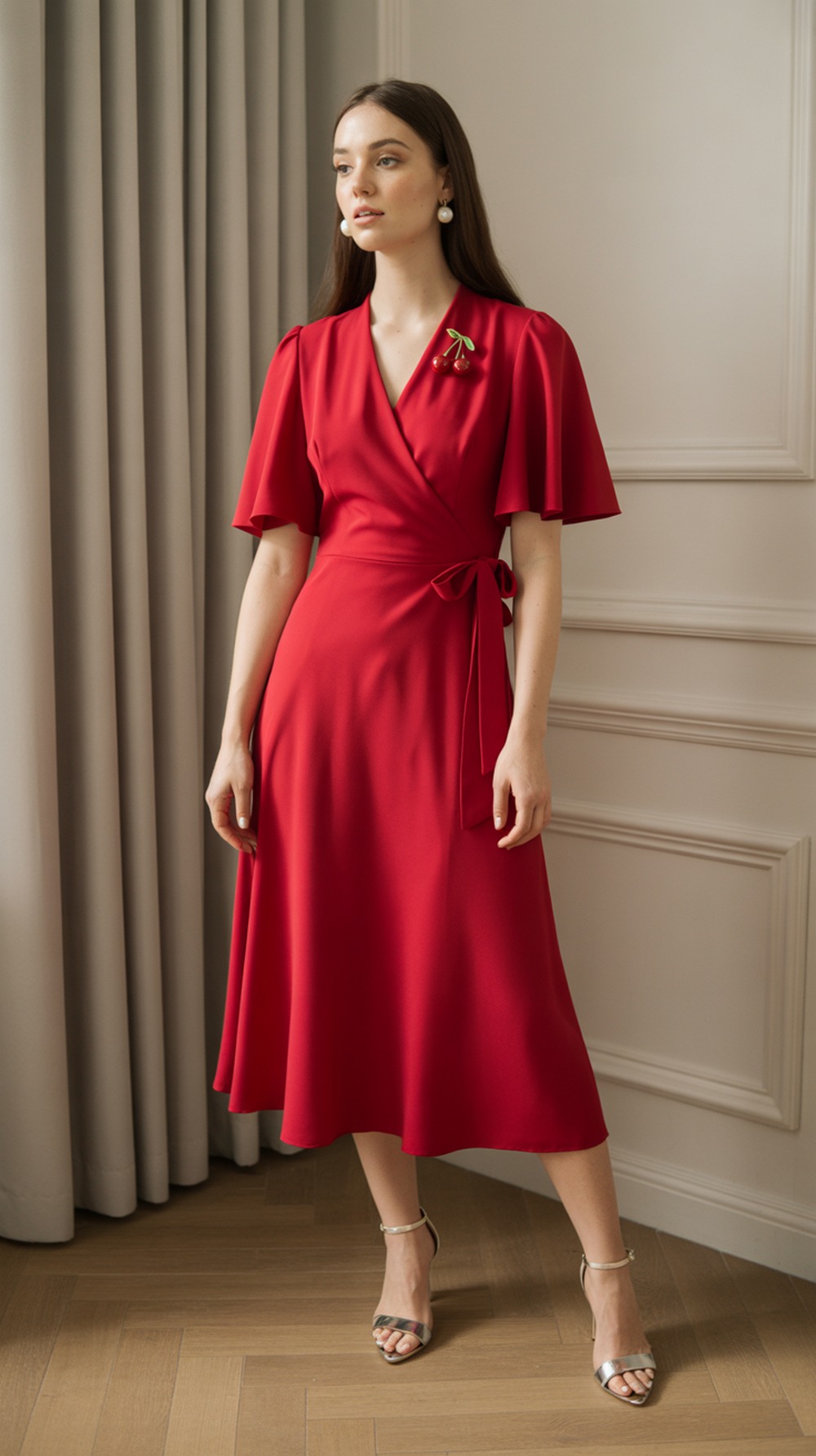 Red Wrap Dress with Cherry Pin Accessory