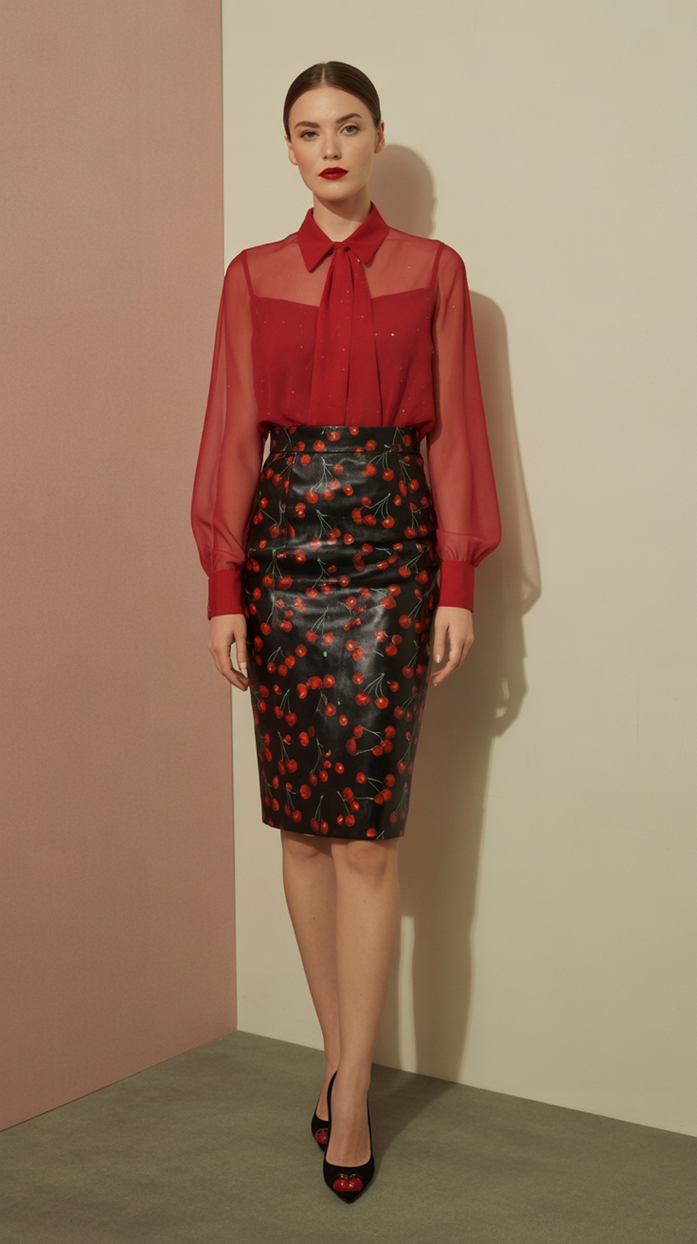 Sheer Red Blouse and Cherry Pencil Skirt
