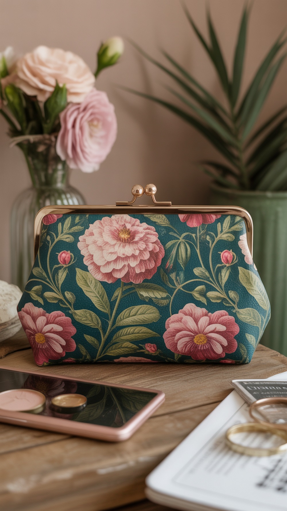 Vintage Floral Print Makeup Clutch