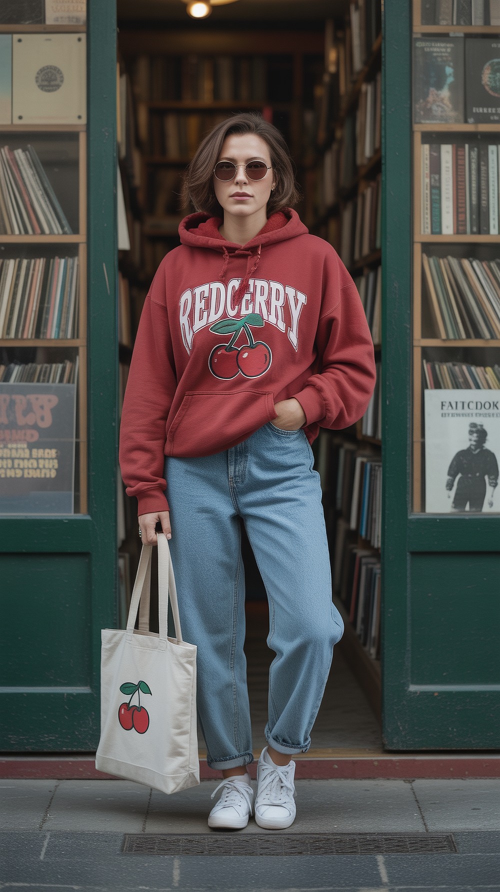 Vintage Red Cherry Hoodie with Mom Jeans
