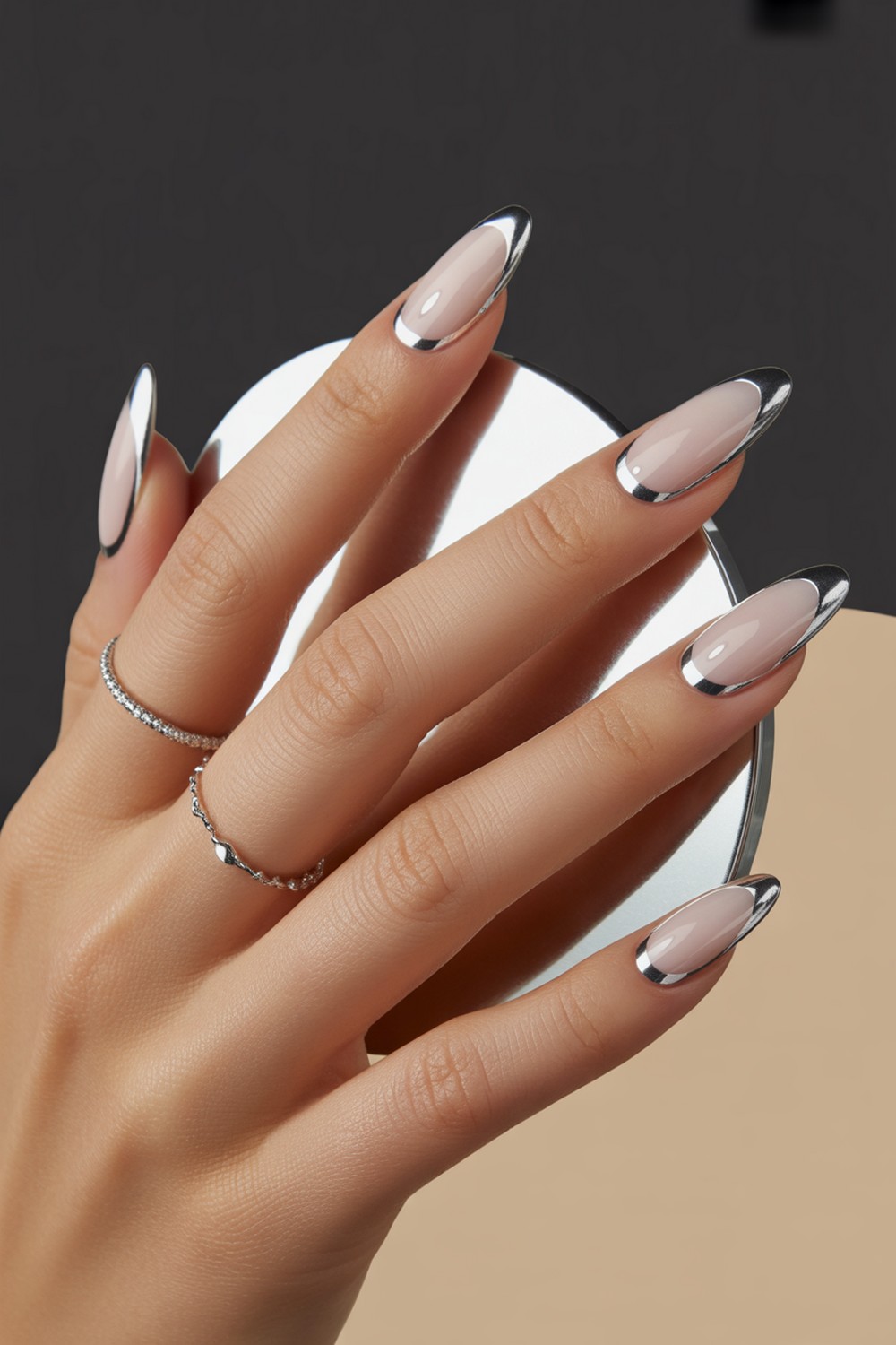 Chrome Outline Silver Sparkle French Tip Nails