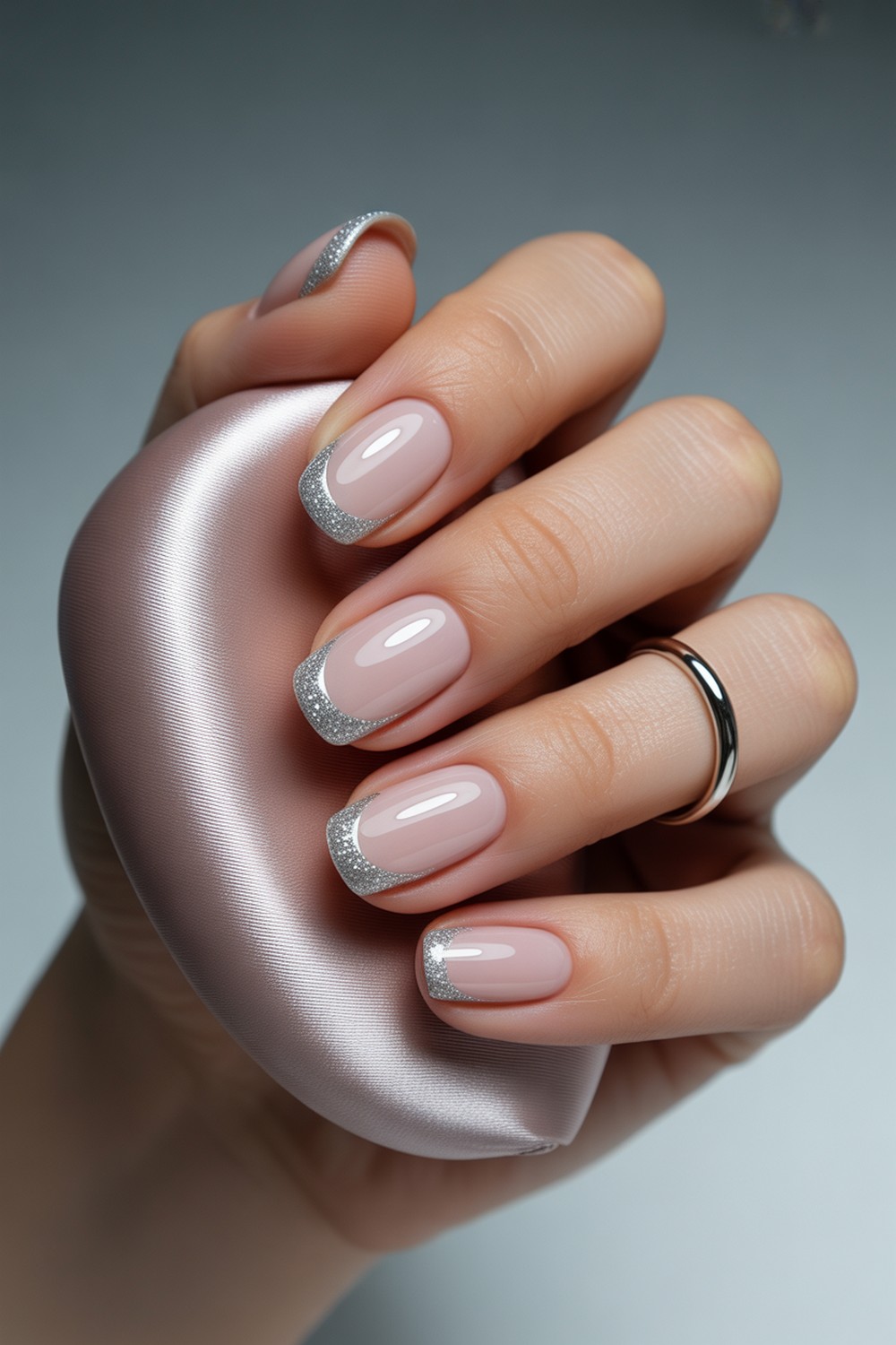 Classic Oval Silver Sparkle French Tip Nails