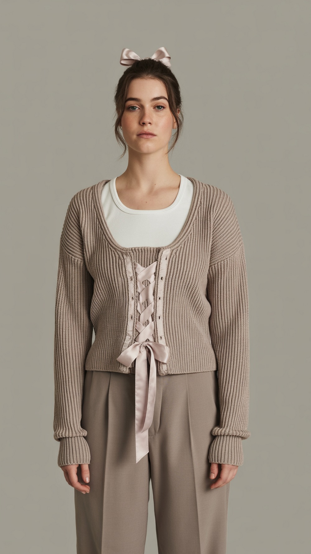 Corset Waist Cardigan with Satin Ribbon Lacing