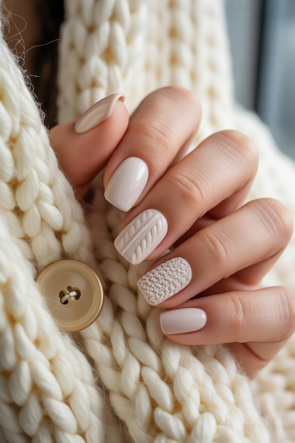 Cozy Knit Accent Frosty Milky White Winter Nails