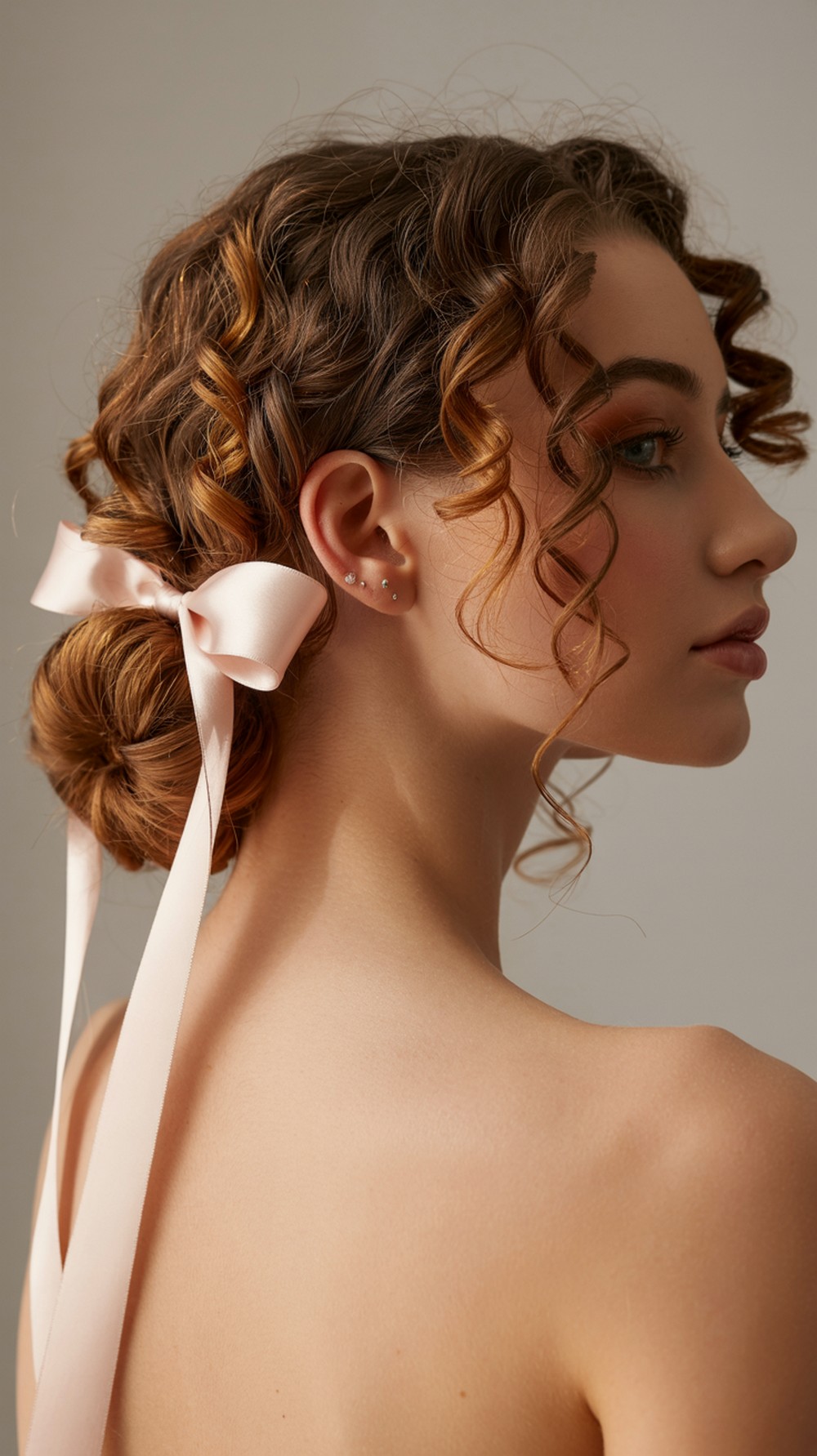 Curly Side Bun with Ribbon Prom Hairstyle