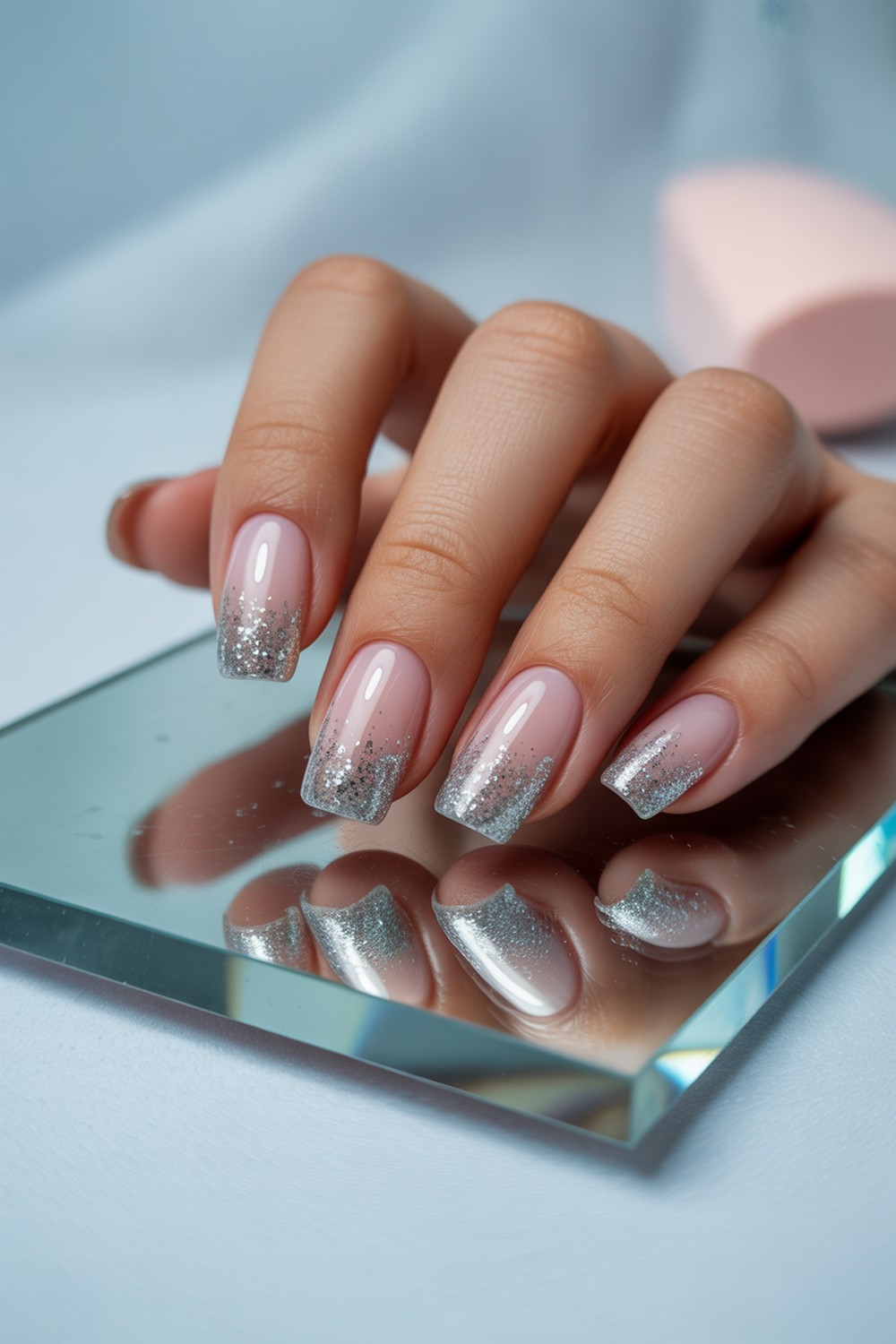 Glitter Gradient Tip Silver Sparkle French Tip Nails