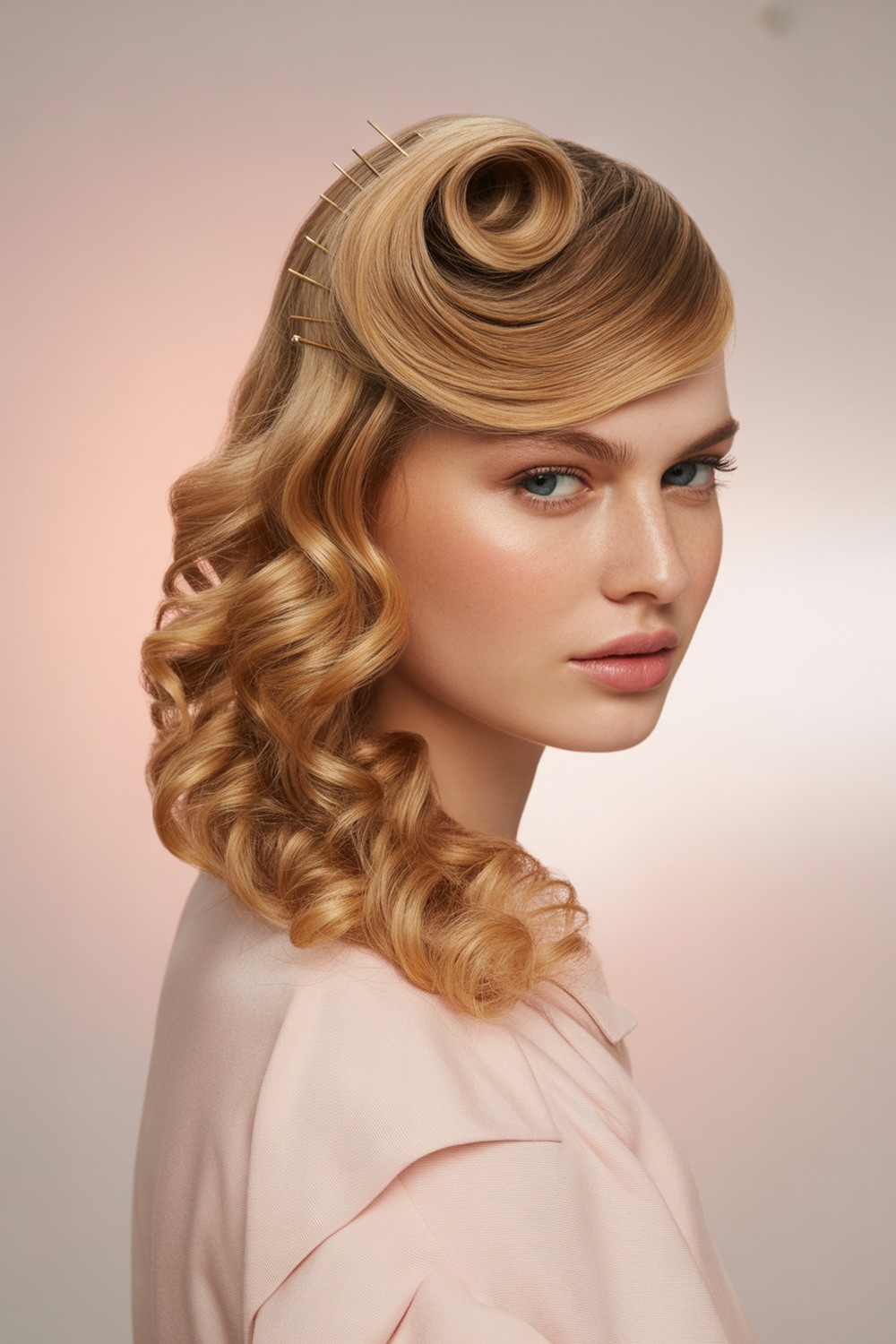 Half Up Pin Crown Romantic Curls with Side Sweep Hairstyles