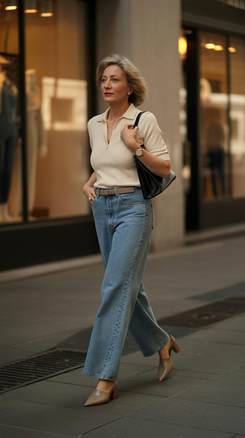 Knit Polo + Wide Leg Jeans + Mules
