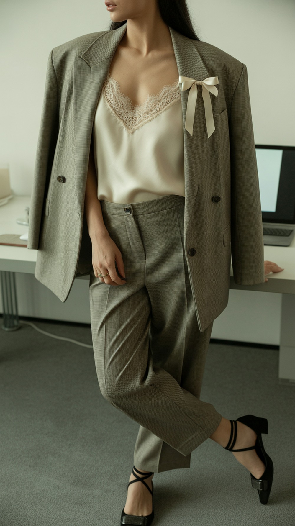 Lace Trim Camisole under an Oversized Blazer