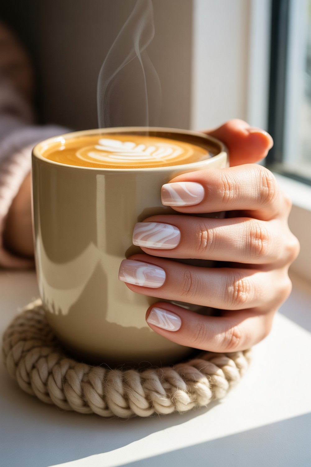 Latte Swirled Frosty Milky White Winter Nails
