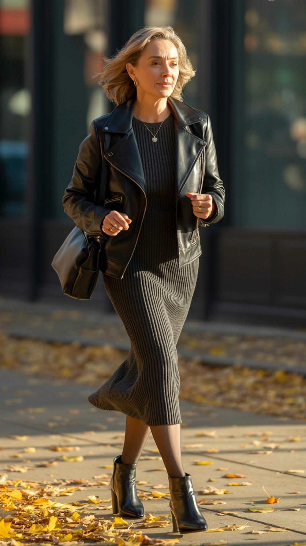 Leather Jacket + Knit Dress + Ankle Boots