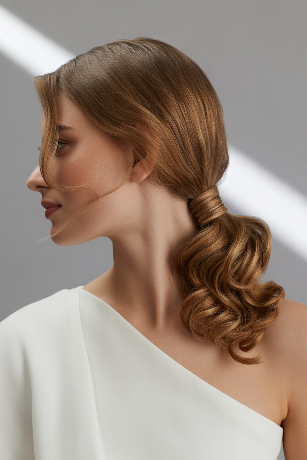 Low Side Pony Romantic Curls with Side Sweep Hairstyles
