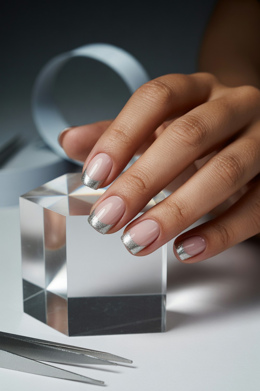 Negative Space Stripe Silver Sparkle French Tip Nails