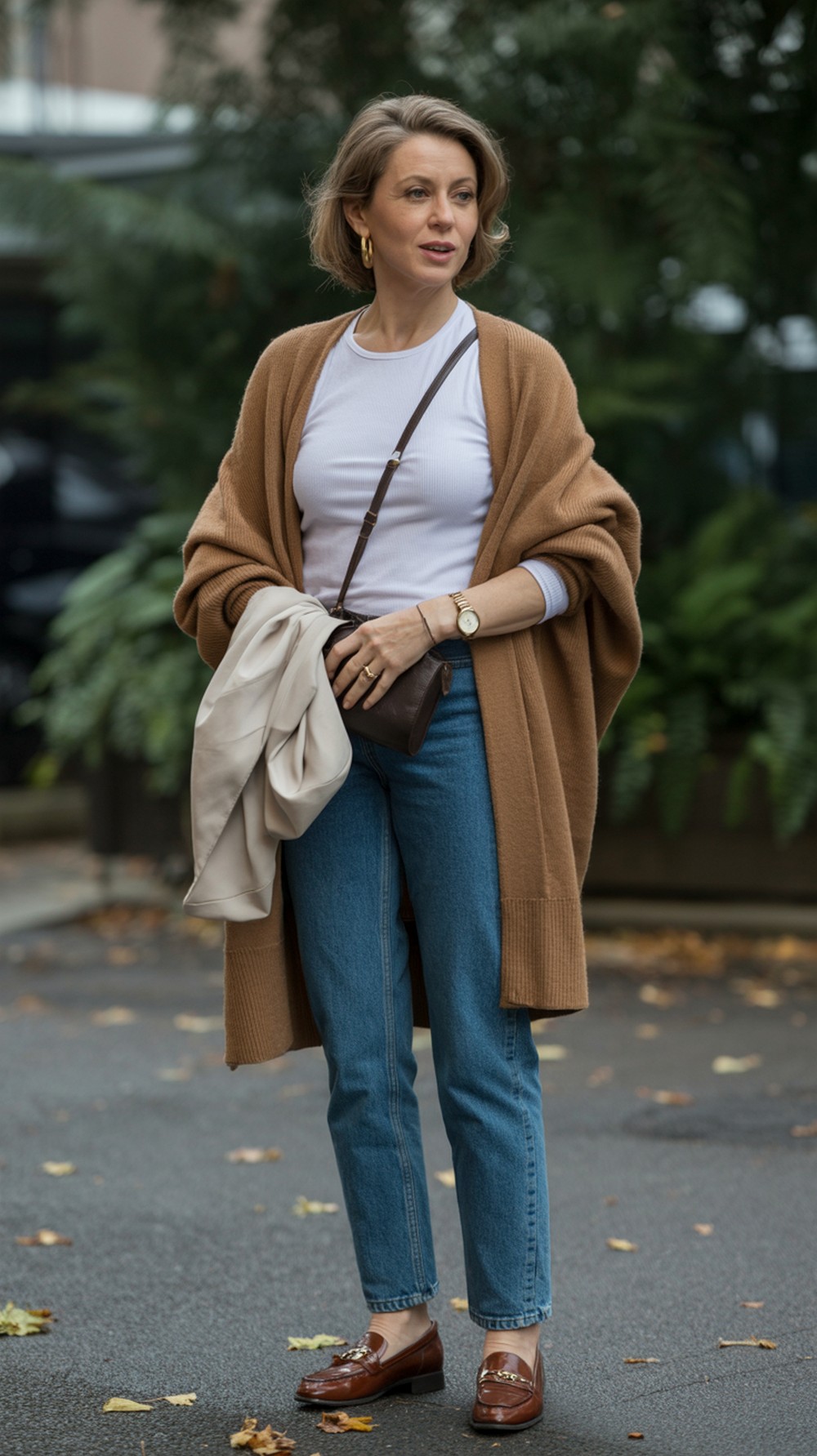 Oversized Cardigan + Straight Jeans + Loafers