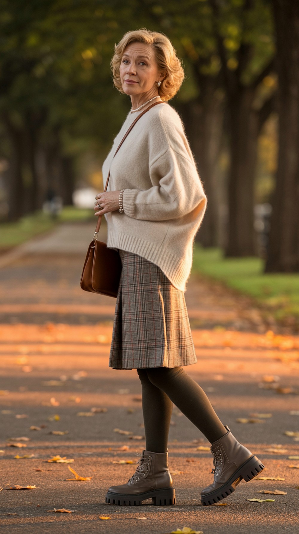 Plaid Skirt + Chunky Knit + Lug Sole Boots
