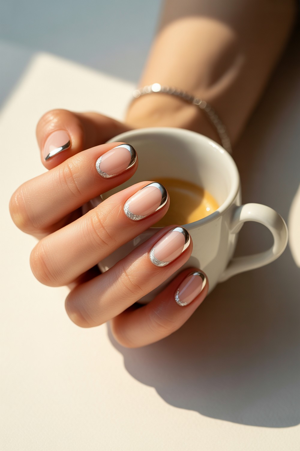 Reverse Moon Silver Sparkle French Tip Nails