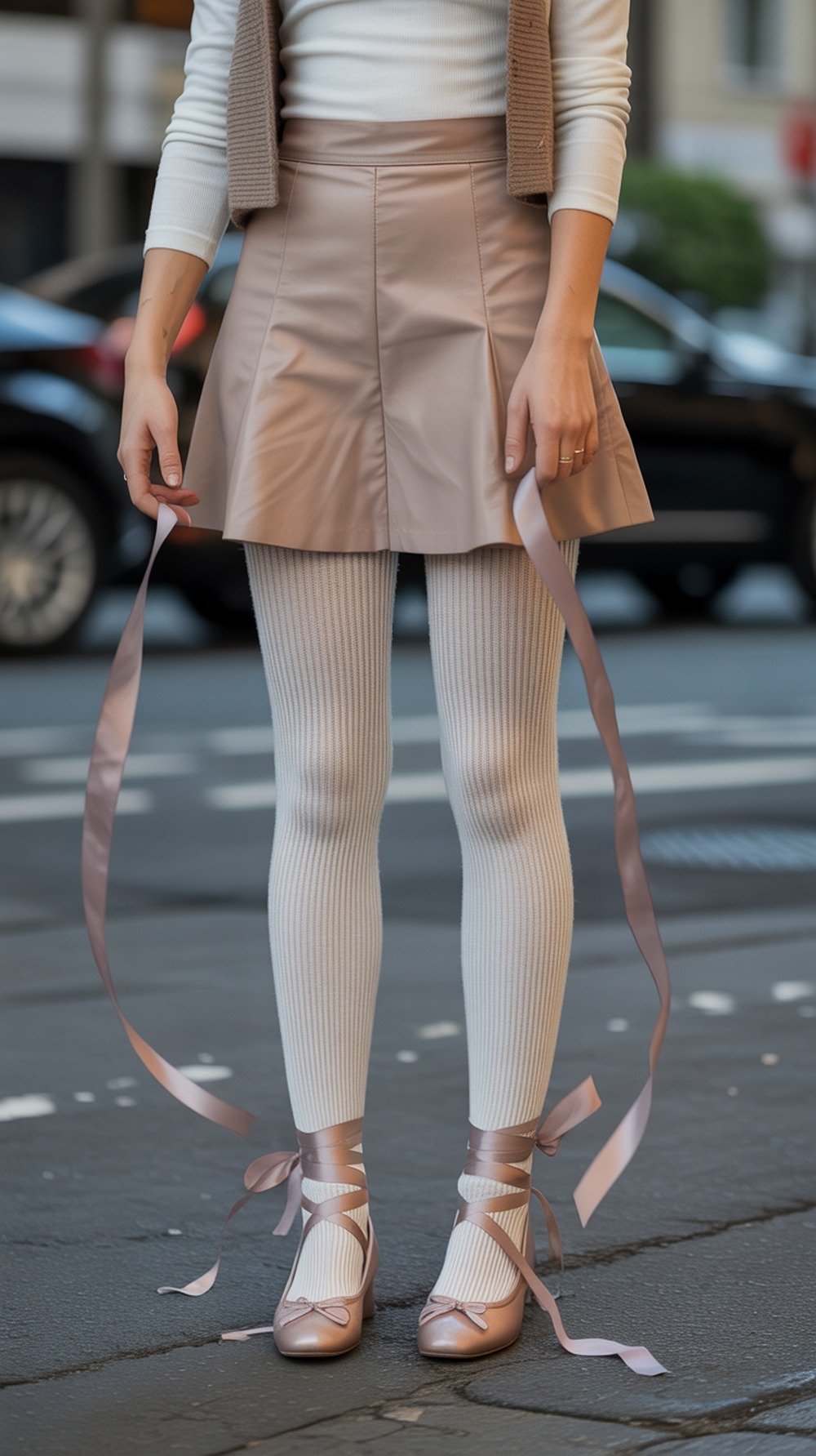 Ribbon Laced Ballet Flats with Ribbed Tight Layers